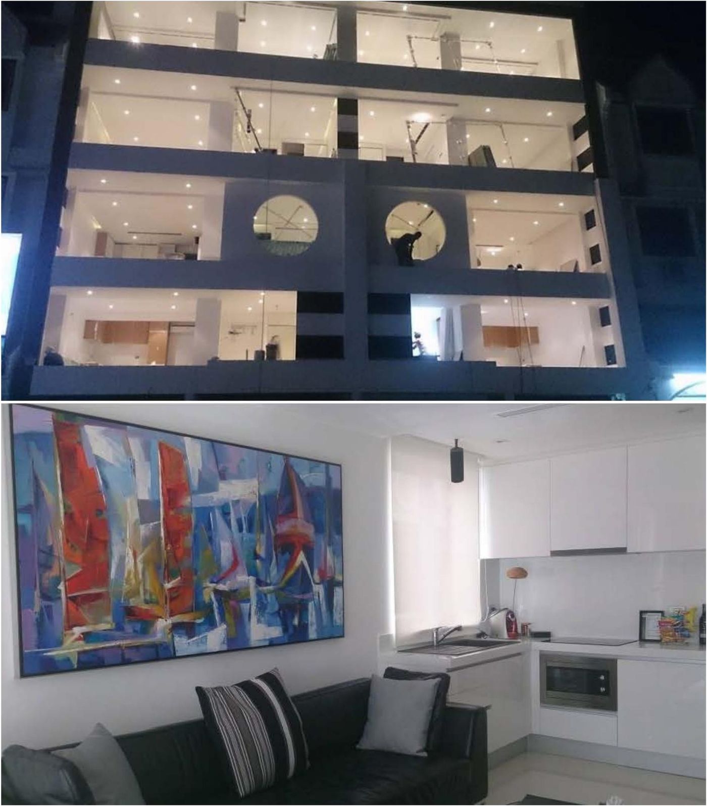 Loft BYD Hotel renovation, glazed facade at night