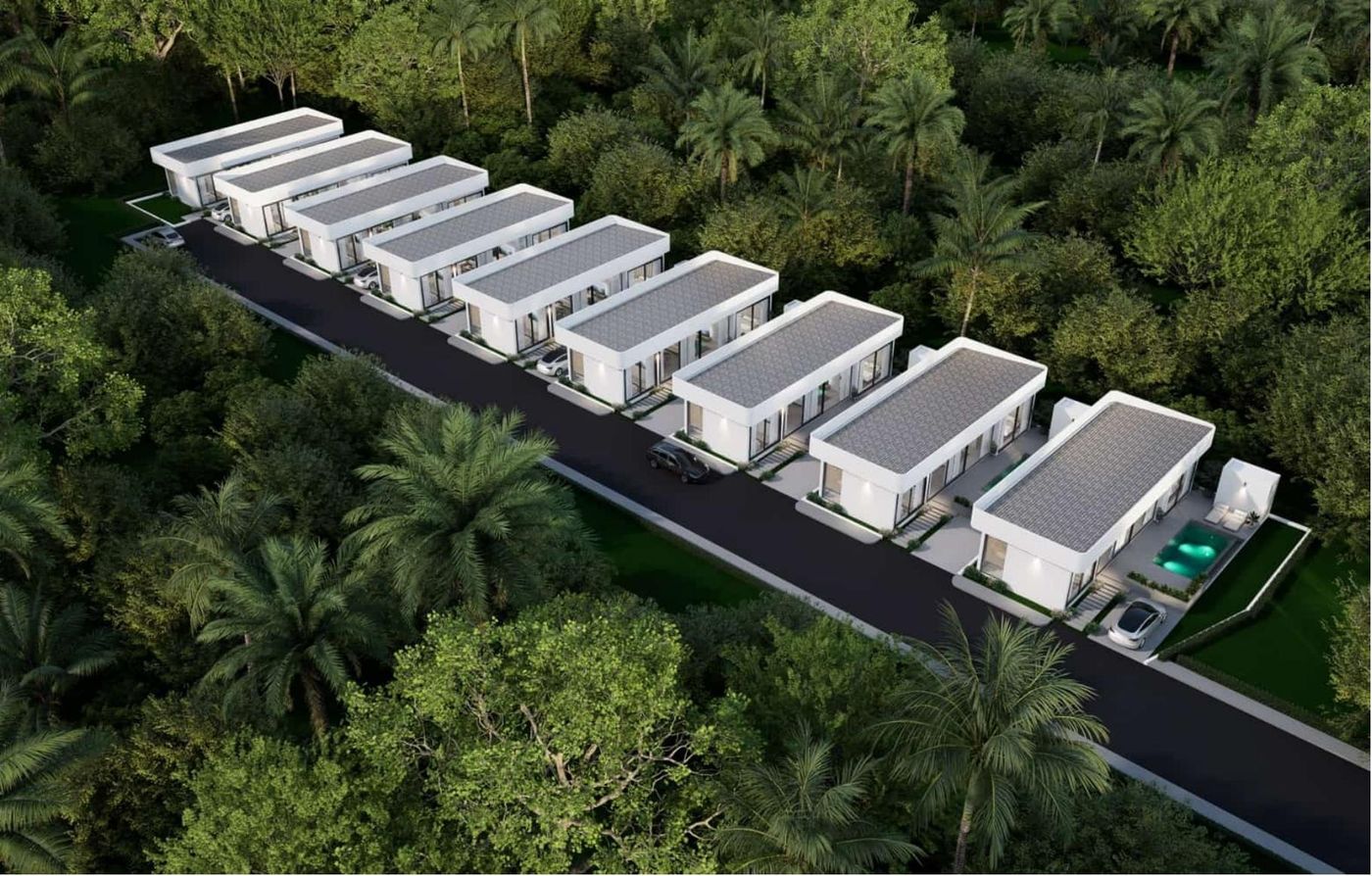 Proxima Villa, aerial render of townhome row in tropical setting