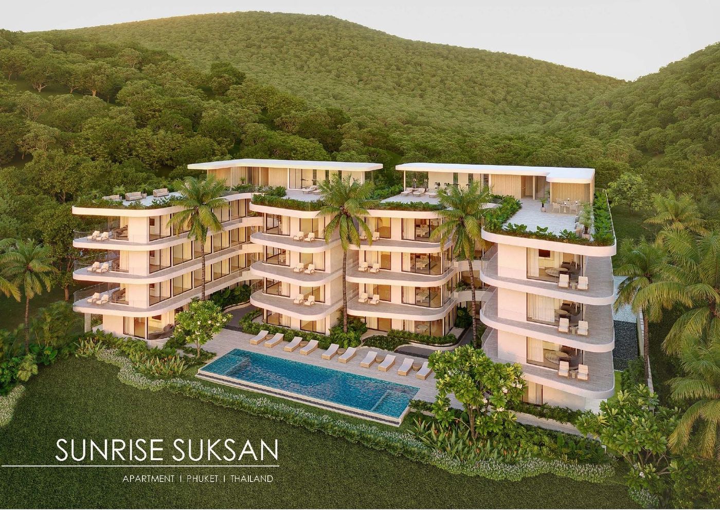 Sunrise Suksan, architectural render of pool apartment building